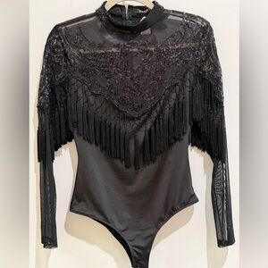 NWT Banjul Black Sequin Fringe Bodysuit Boutique Find
